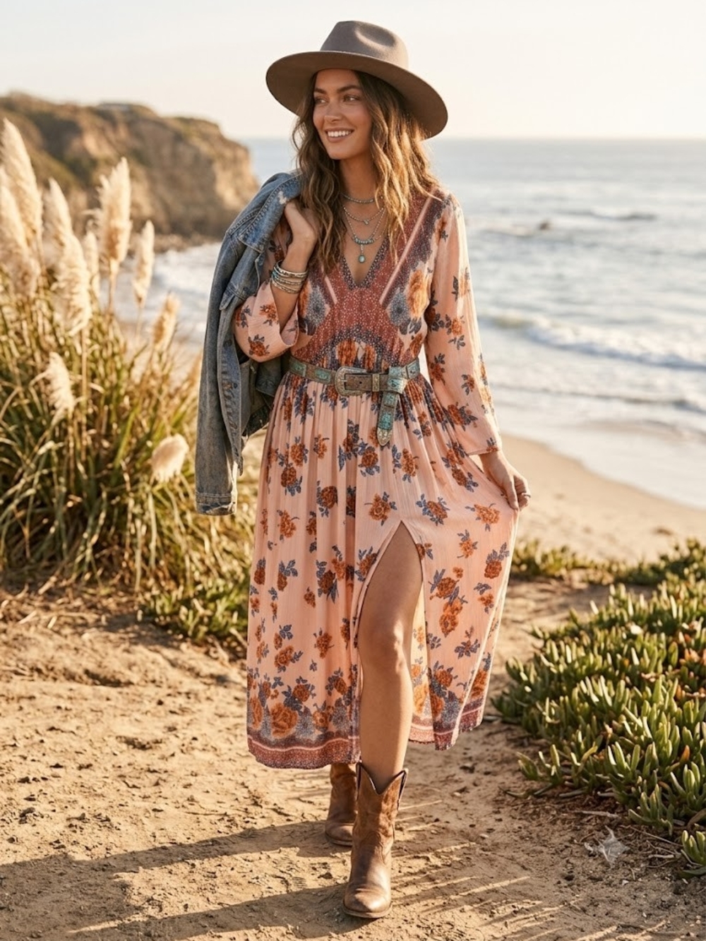 Boho Floral Maxi Dress Cottagecore Prairie Bell Sleeve High Slit Flowy Dress